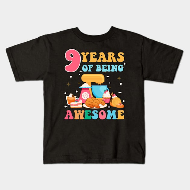 9 Years Of Being Awesome Tee 9th Baking Birthday Gift Leopard Girl Birthday Tee Baking Party Outfit Kids T-Shirt by inksplashcreations